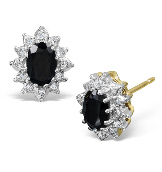 Sapphire 6mm x 4mm And Diamond Cluster 9K Yellow Gold Earrings