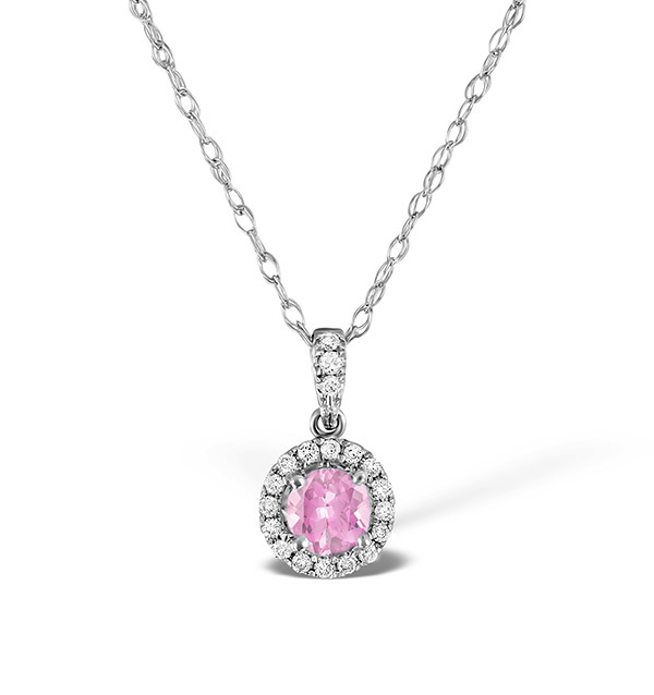 Pink Sapphire 5mm And Diamond 18K White Gold Pendant