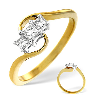 18K Gold 3 Stone Princess Cut Diamond Ring 0.25CT H/Si