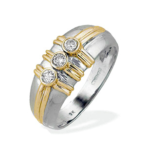 9K White Gold Three Stone Diamond Ring with Gold Detail