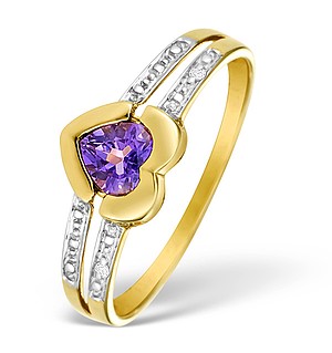 9K Gold Diamond and Amethyst Heart Design Ring - E4173