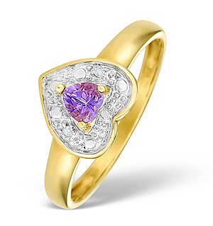 9K Gold Diamond and Amethyst Heart Design Ring - E4175
