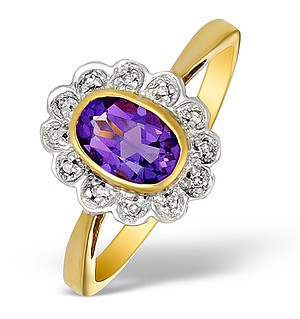 9K Gold Diamond and Amethyst Flower Design Ring - E5254