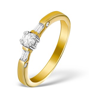9K Gold Diamond Solitaire Ring with Baguette Detail - E5411
