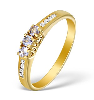 9K Gold Diamond and Tanzanite 3 Stone Ring - E5624