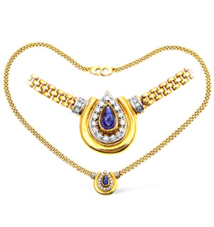 18KY Diamond and Sapphire Teardrop Necklace 0.25ct 16Inches