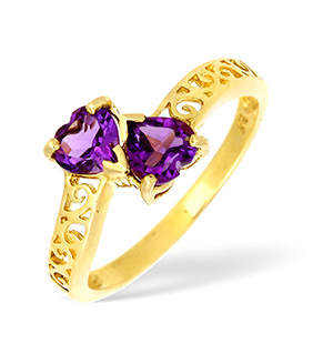 9KY Two Stone Amethyst Heart Design Ring