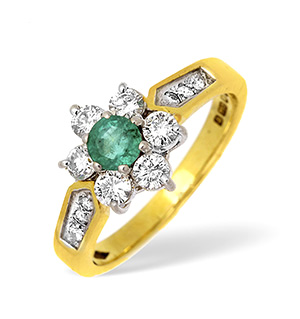 18KY Diamond and Emerald Flower Cluster Ring with Shoulder Detail 0.70CT