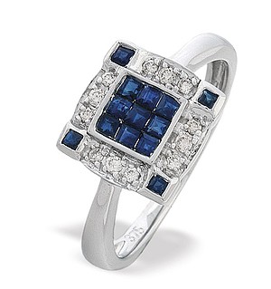 9K White Gold Diamond and Sapphire Square Cluster Ring