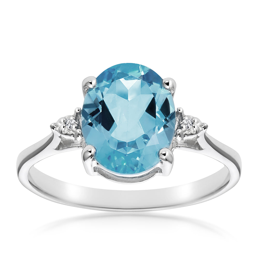 9K White Gold Diamond and 2.60ct Blue Topaz Ring