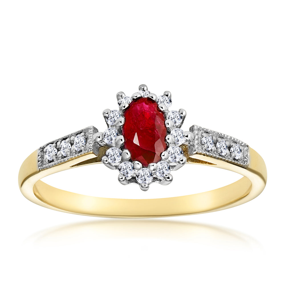 Ruby 5 x 3mm And Diamond 9K Gold Ring A3351