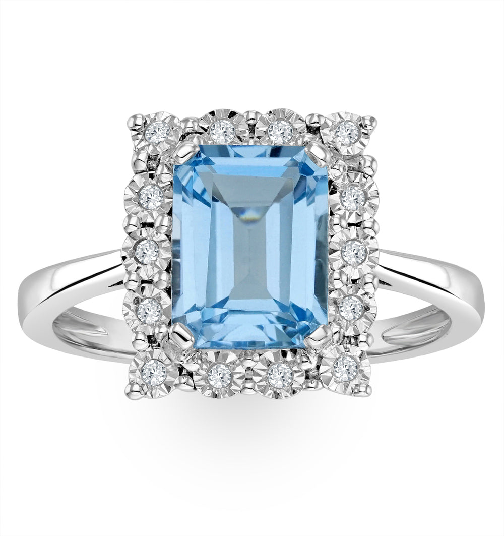 Blue Topaz 8 x 6mm and Diamond 9K White Gold Ring