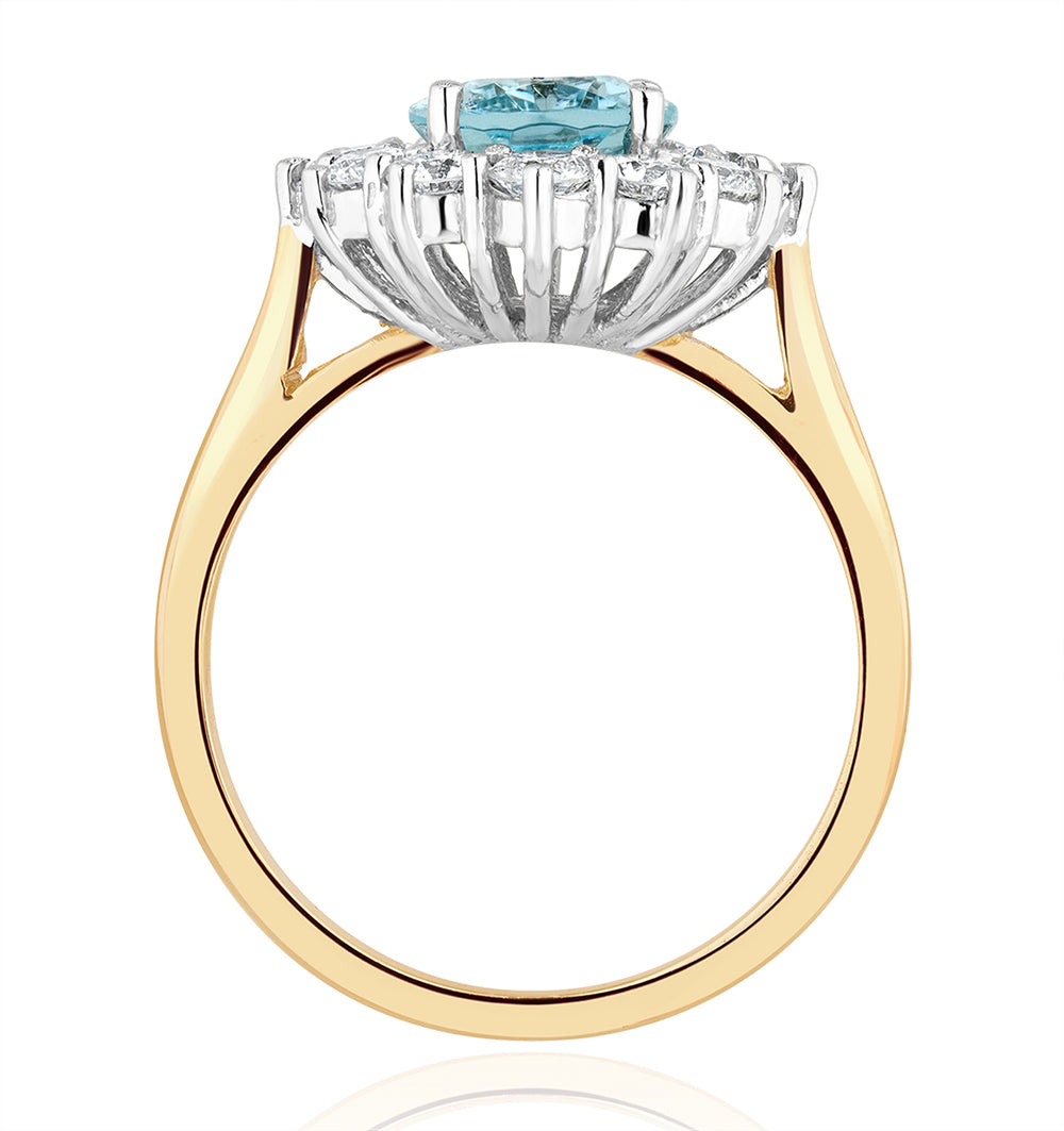 1.70ct Oval Cut Aquamarine and Lab Diamond Halo Ring in 9K Yellow Gold