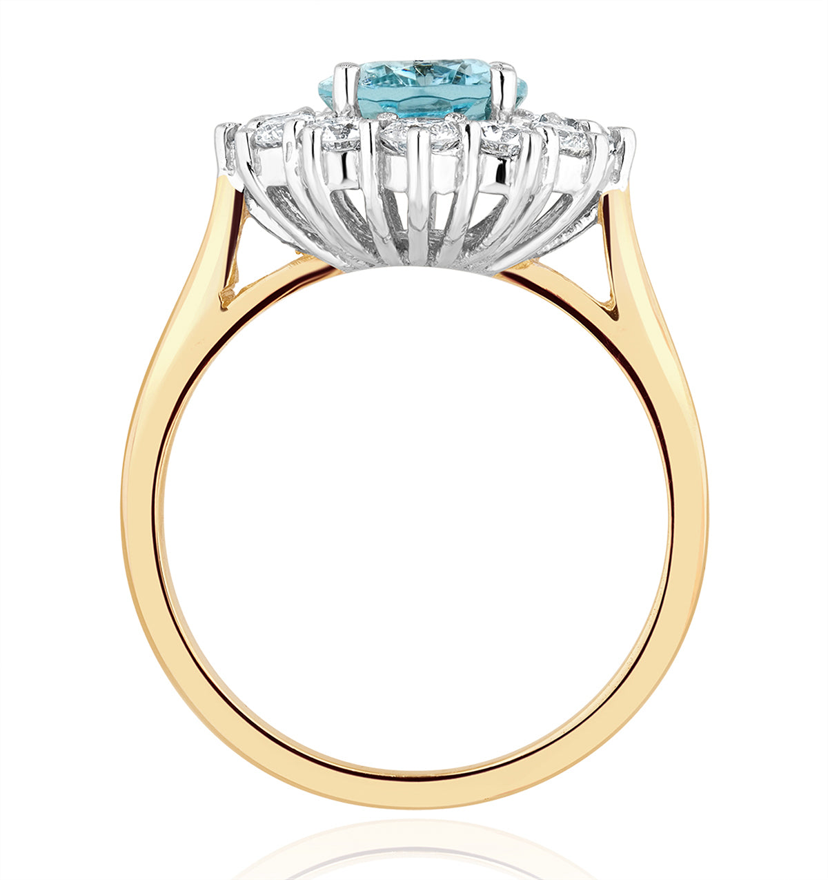 1.70ct Oval Cut Aquamarine and Lab Diamond Halo Ring in 9K Yellow Gold