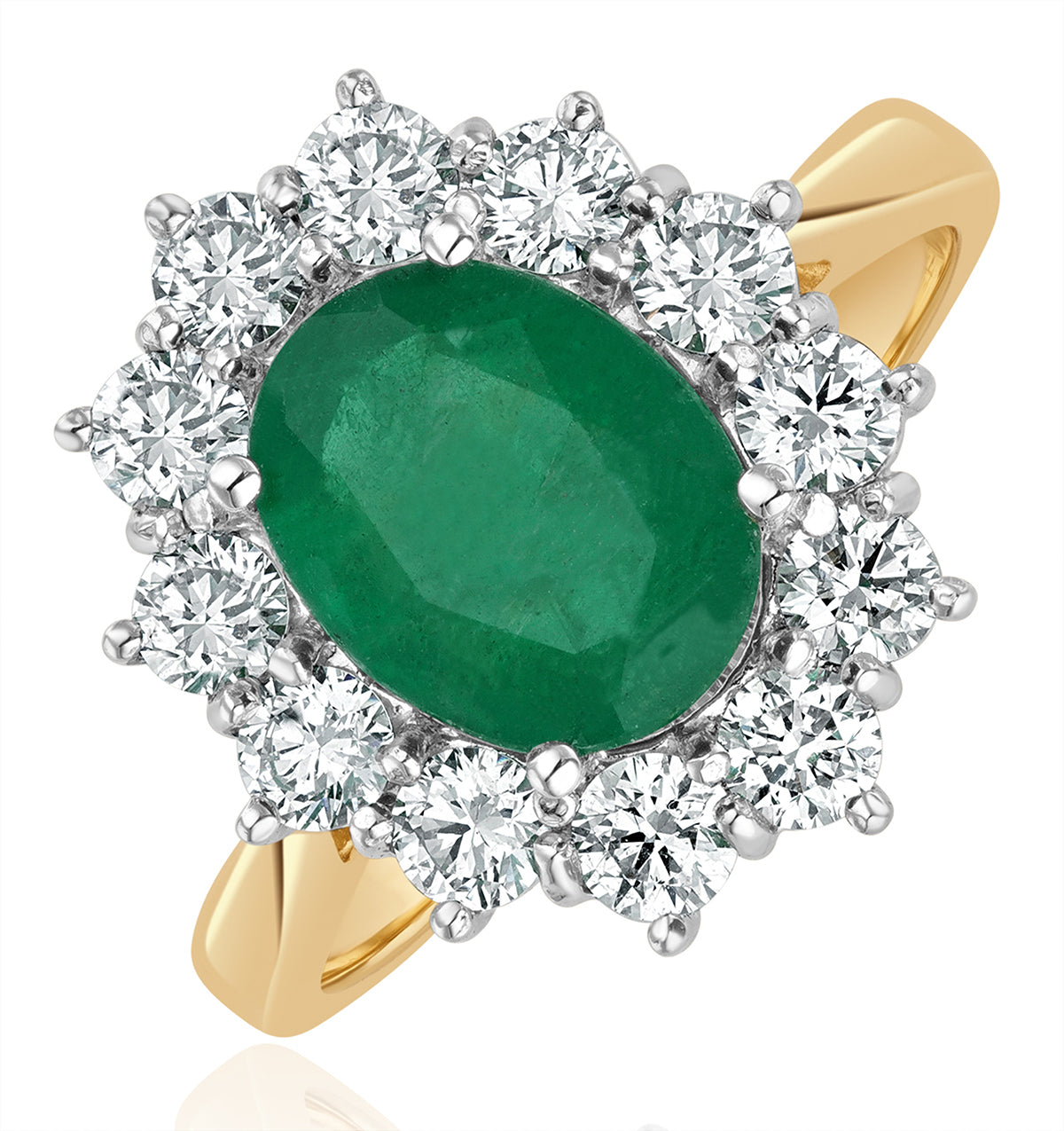 1.95ct Oval Cut Emerald and Lab Diamond Halo Ring in 9K Yellow Gold
