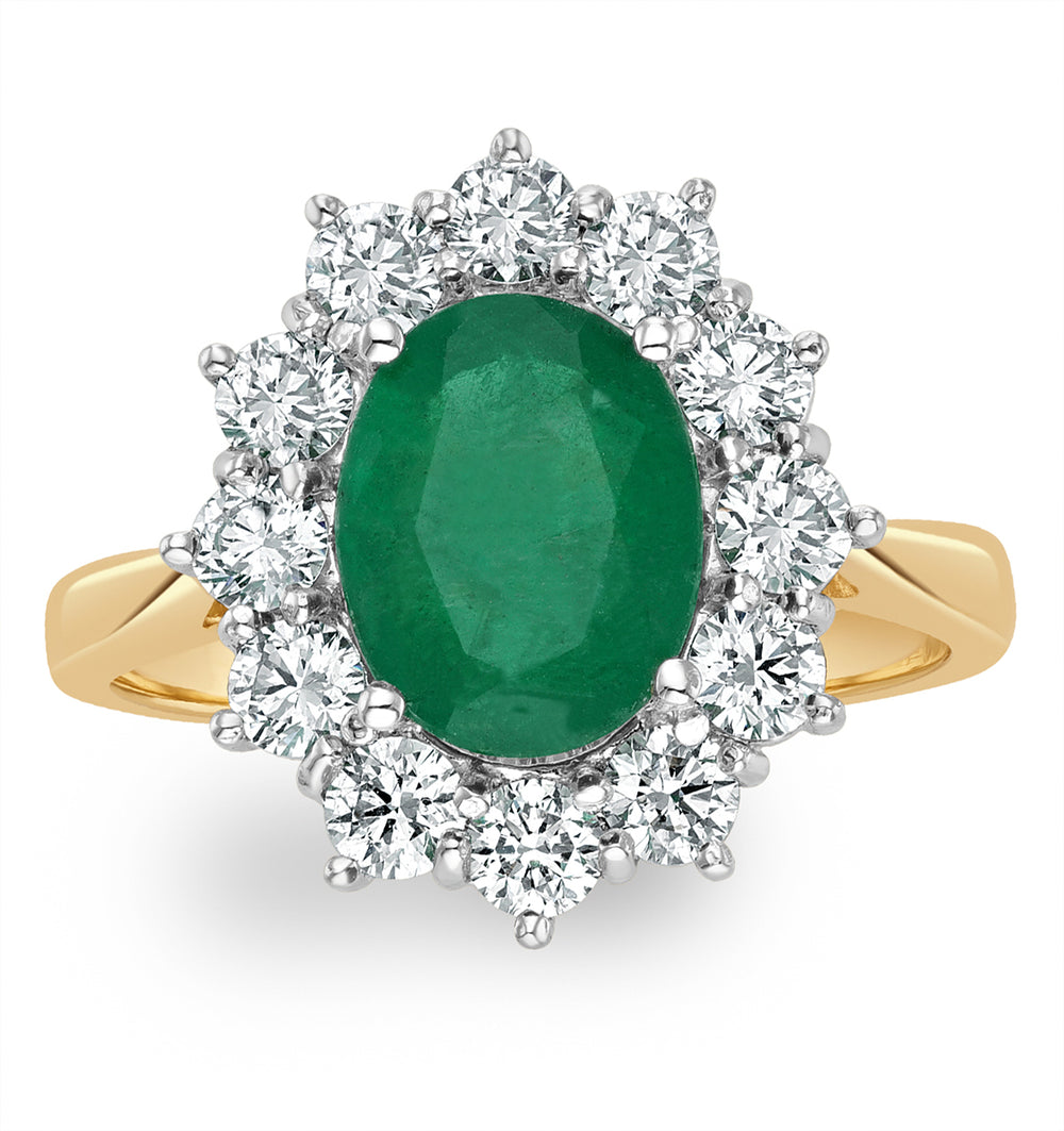 1.95ct Oval Cut Emerald and Lab Diamond Halo Ring in 9K Yellow Gold