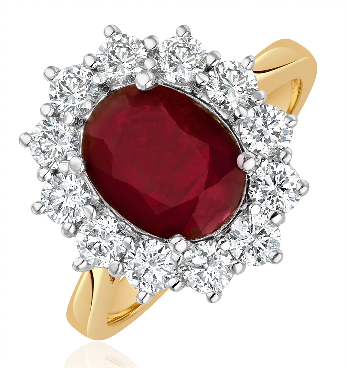 2.40ct Oval Cut Ruby and Lab Diamond Halo Ring in 9K Yellow Gold