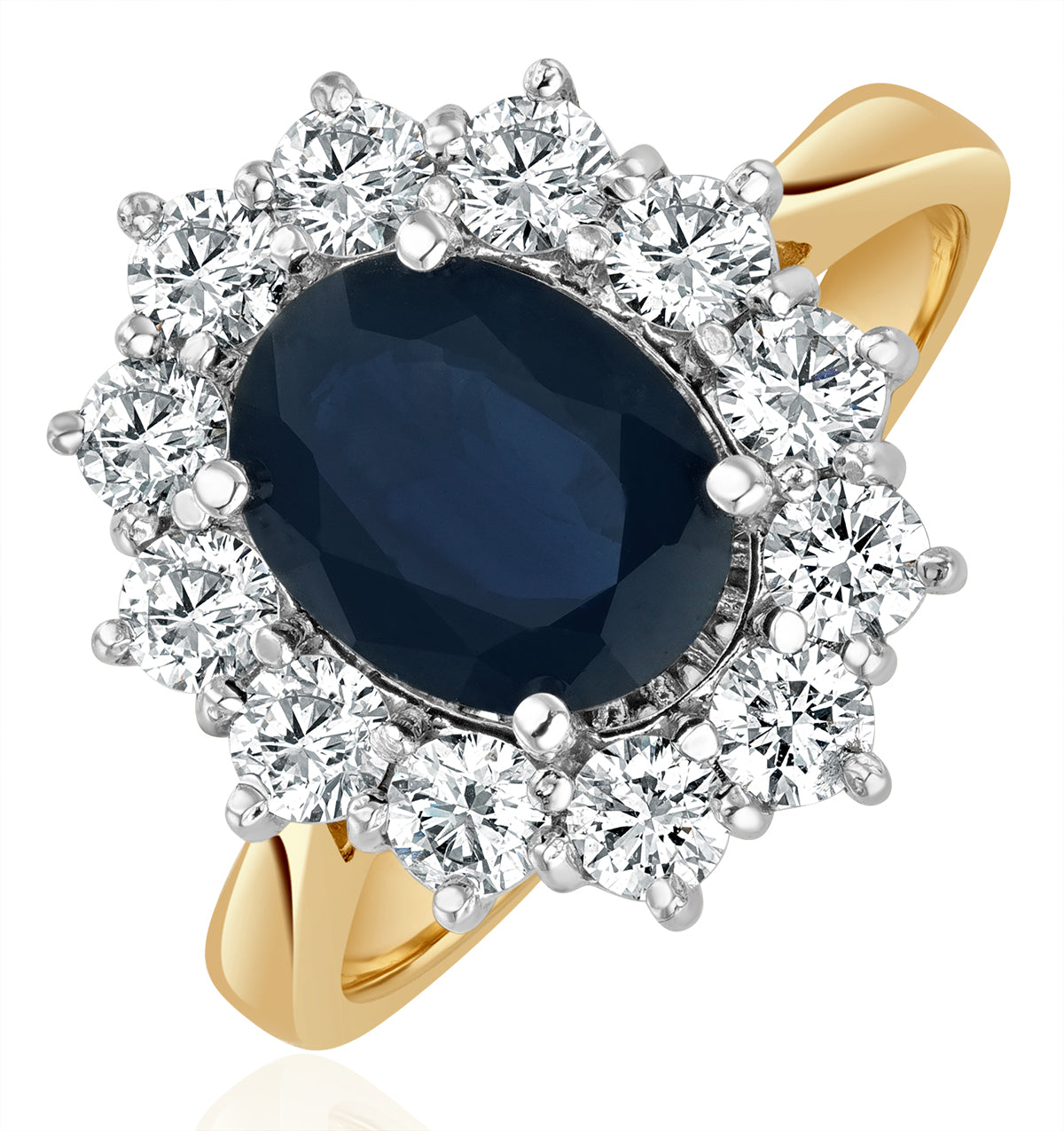 2.30ct Oval Cut Sapphire and Lab Diamond Halo Ring in 9K Yellow Gold