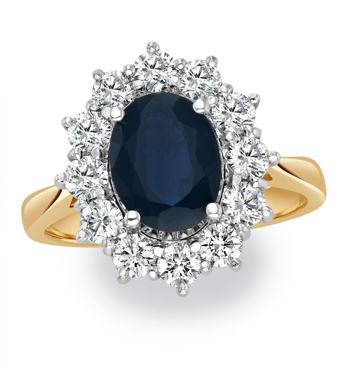 2.30ct Oval Cut Sapphire and Lab Diamond Halo Ring in 9K Yellow Gold