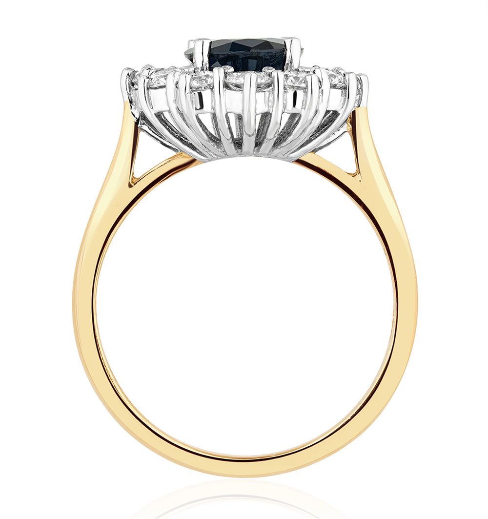 2.30ct Oval Cut Sapphire and Lab Diamond Halo Ring in 9K Yellow Gold