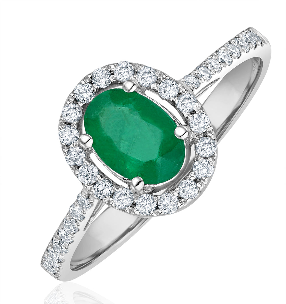 Emerald 0.70ct And Diamond 18K White Gold Ring