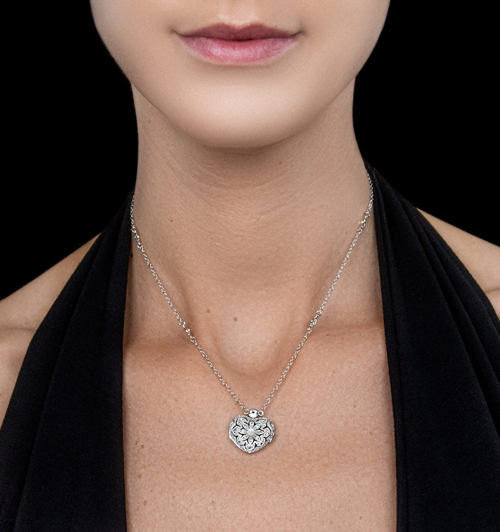 Pearl June Birthstone Vintage Locket Necklace White Topaz in Silver