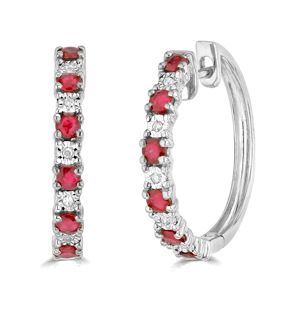 Ruby and Lab Diamond Hoops Earrings Stellato Collection in 925 Silver