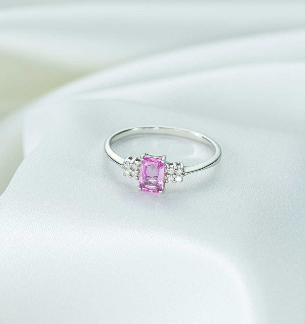 9K White Gold Diamond Pink Sapphire Ring 0.06ct