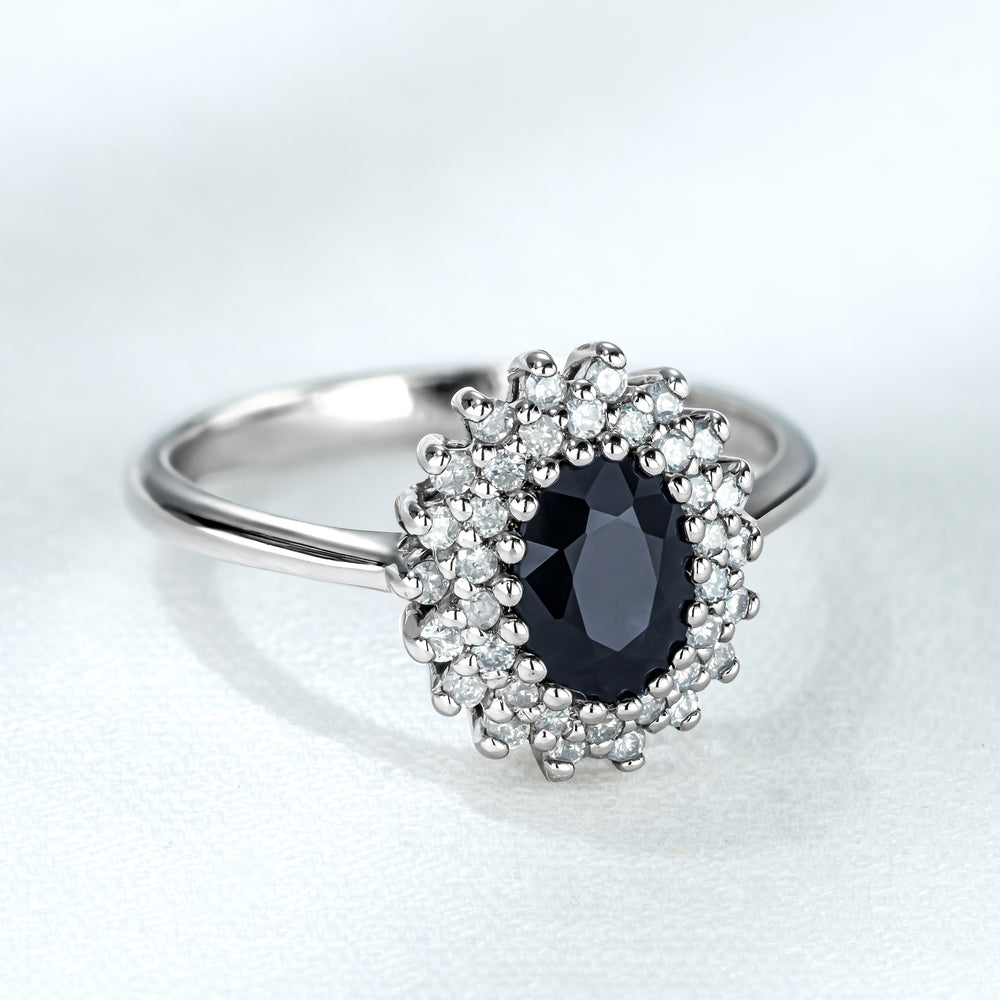 Sapphire 7 x 5mm And Diamond 925 Sterling Silver Ring