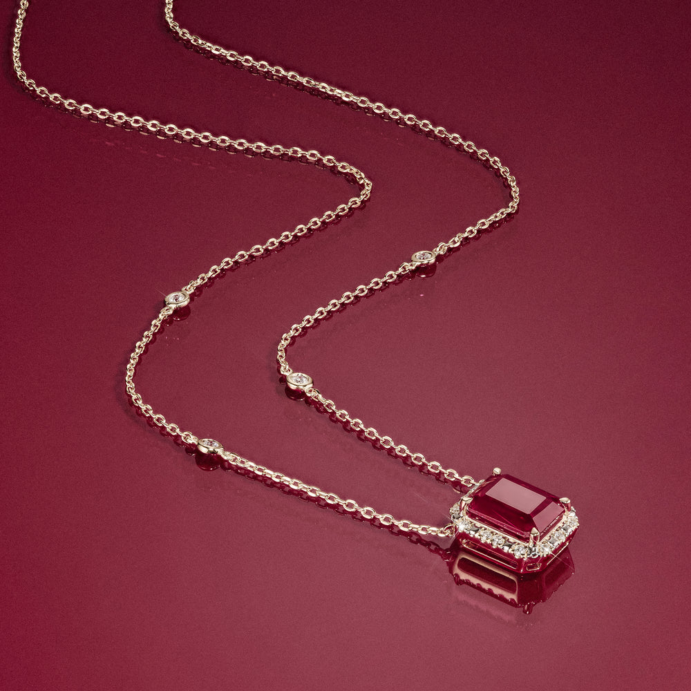 Astra 1.80ct Lab Ruby and Diamond Halo Octagon Cut Necklace in 18K Gold Vermeil