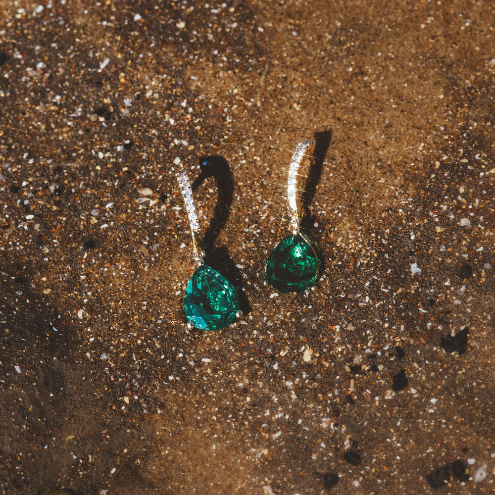Astra 4.60ct Lab Emerald and Diamond Drop Pear Cut Earrings in 18K Gold Vermeil