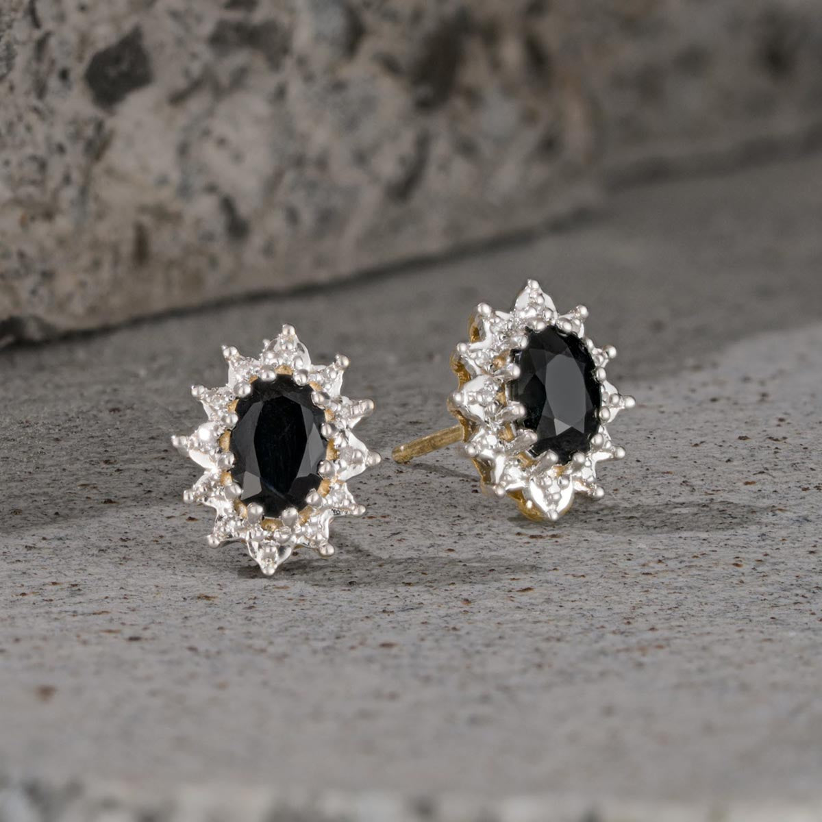 Sapphire 6mm x 4mm And Diamond Cluster 9K Yellow Gold Earrings