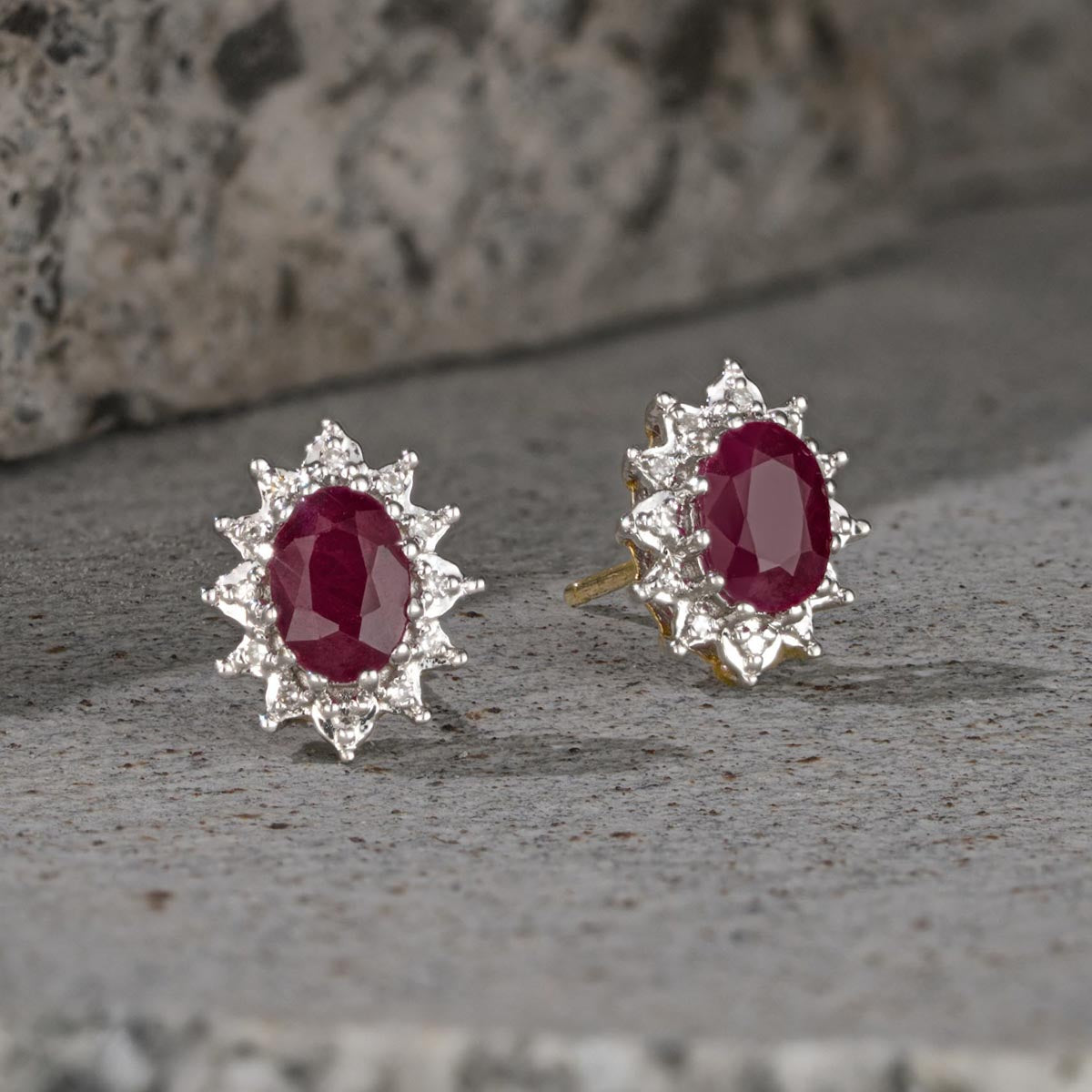 Ruby 6 x 4mm And Diamond Cluster 9K Yellow Gold Earrings