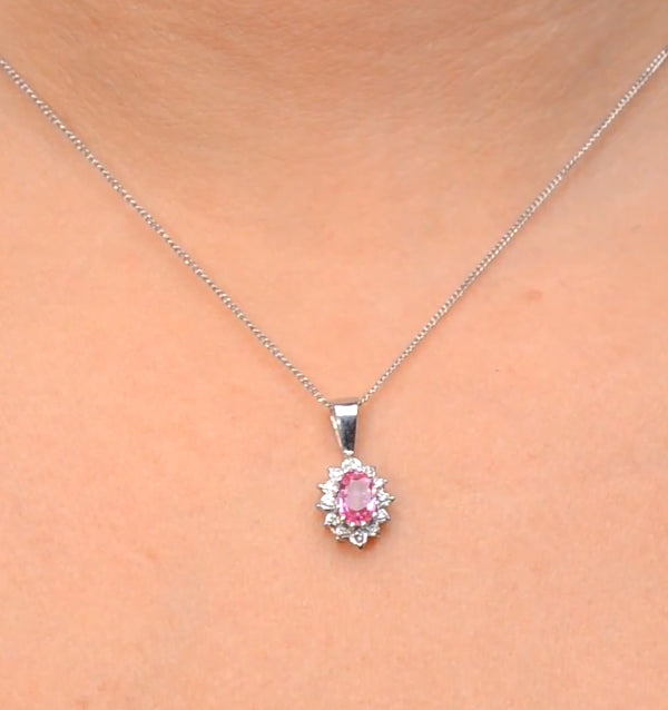 Pink Sapphire 6 X 4mm and Diamond 9K White Gold Pendant Necklace