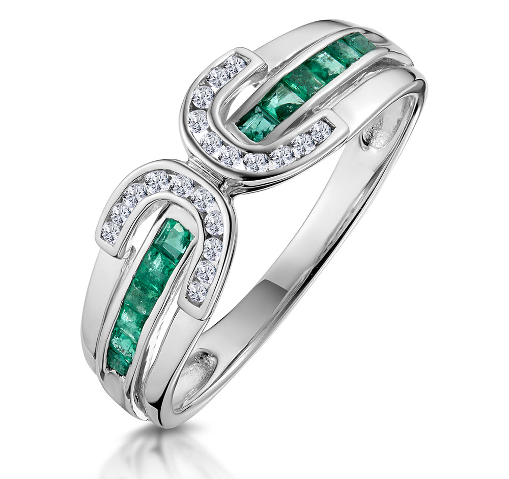 Emerald And 0.12CT Diamond Ring 9K White Gold