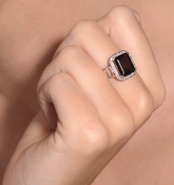 Smokey Quartz 3.28ct And Diamond 9K White Gold Ring SIZES AVAILABLE K L M N O P