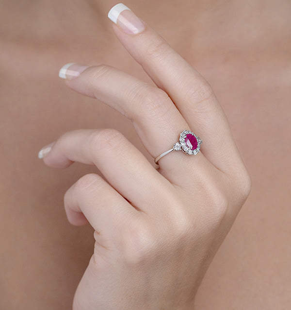 Ruby 7 x 5mm and Diamond 9K White Gold Ring