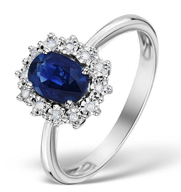 Sapphire Ring With Diamond Halo 7 x 5mm Set in 9K White Gold