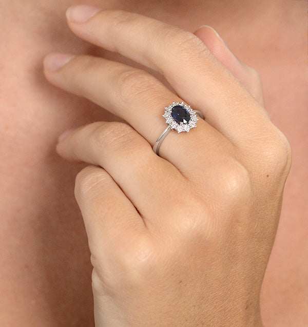 Sapphire Ring With Diamond Halo 7 x 5mm Set in 9K White Gold