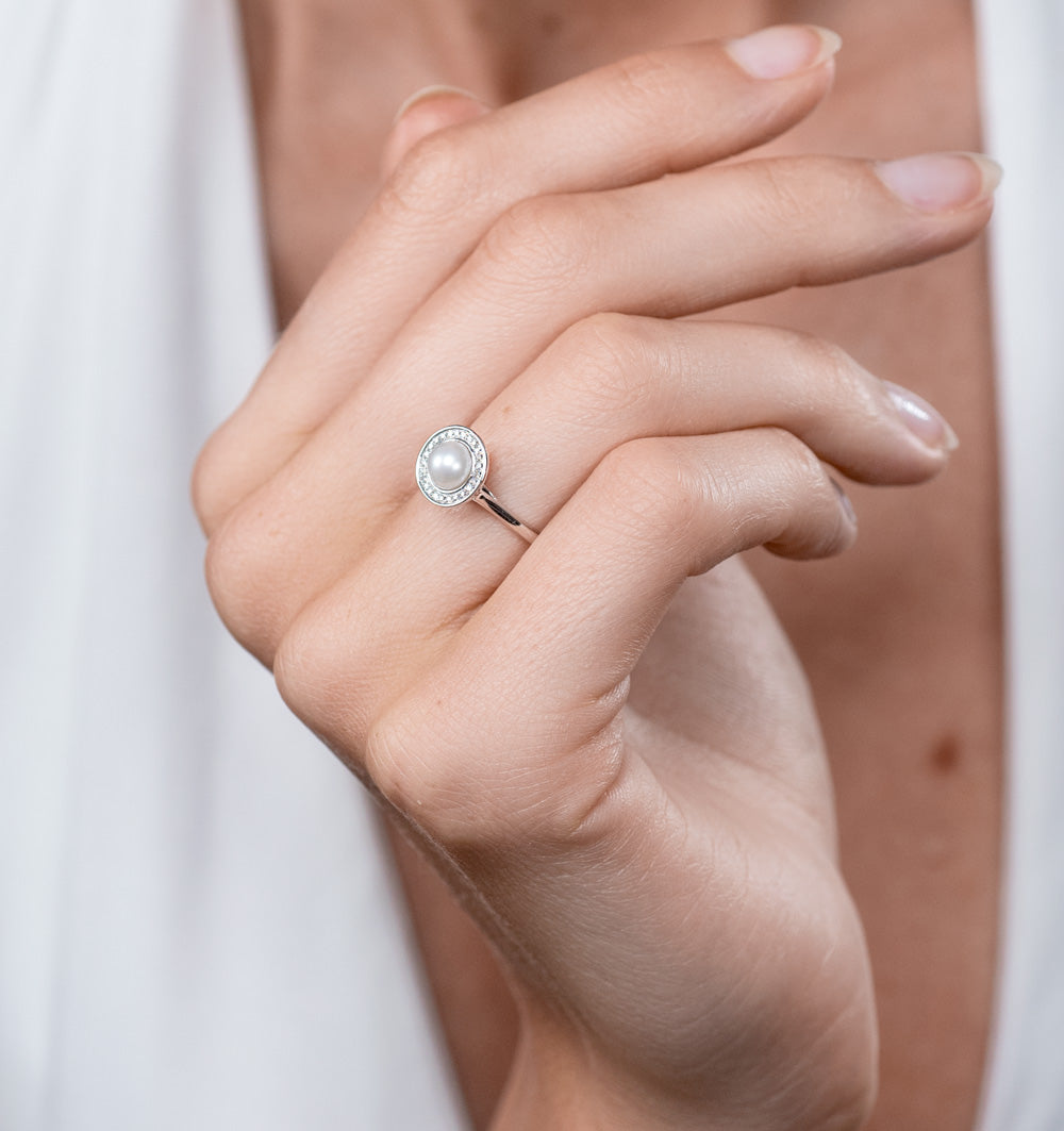 Pearl and Diamond Stellato Ring 0.08ct in 9K White Gold