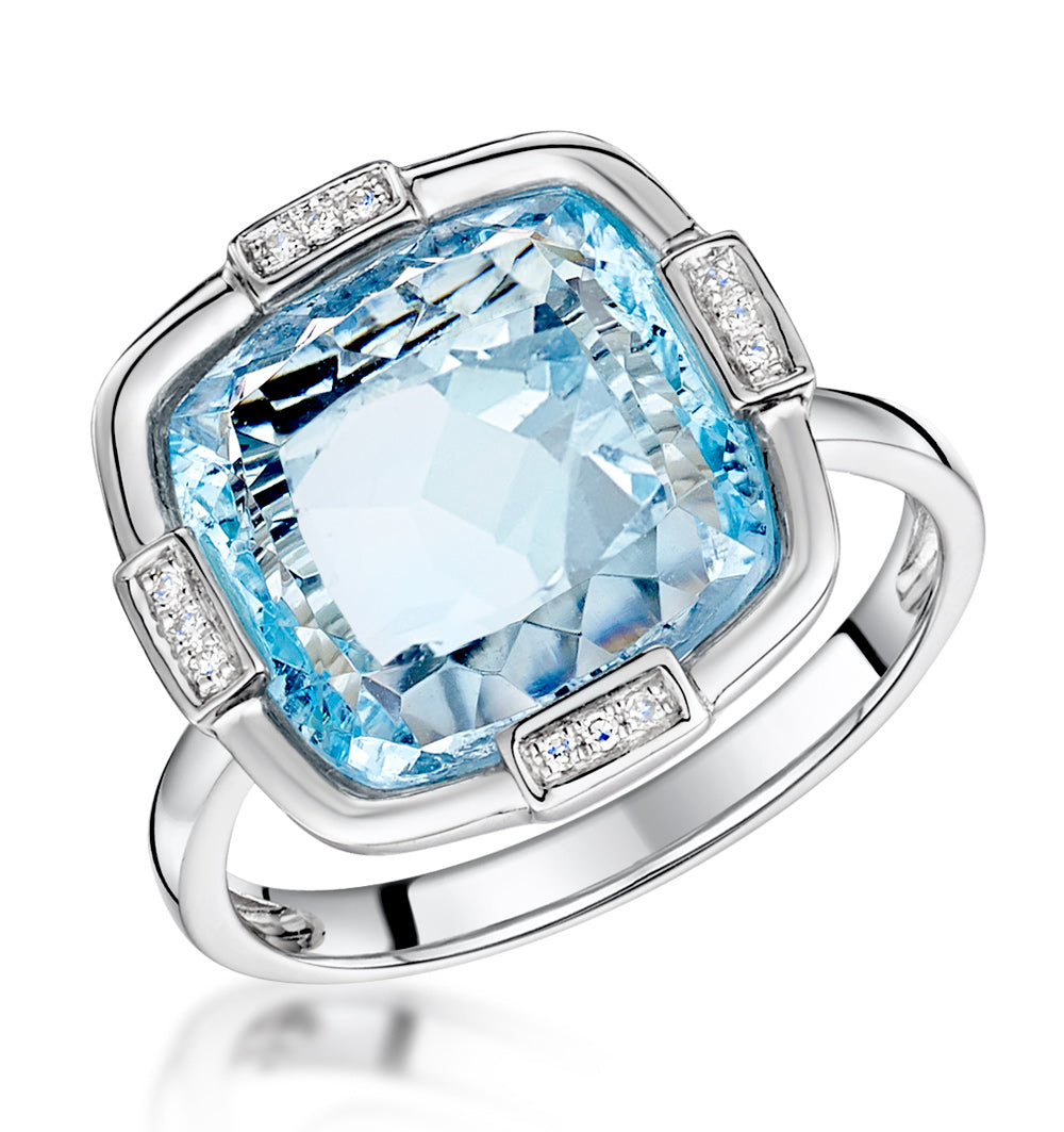 Blue Topaz and Diamond Stellato Ring 0.03ct in 9K White Gold SIZE K