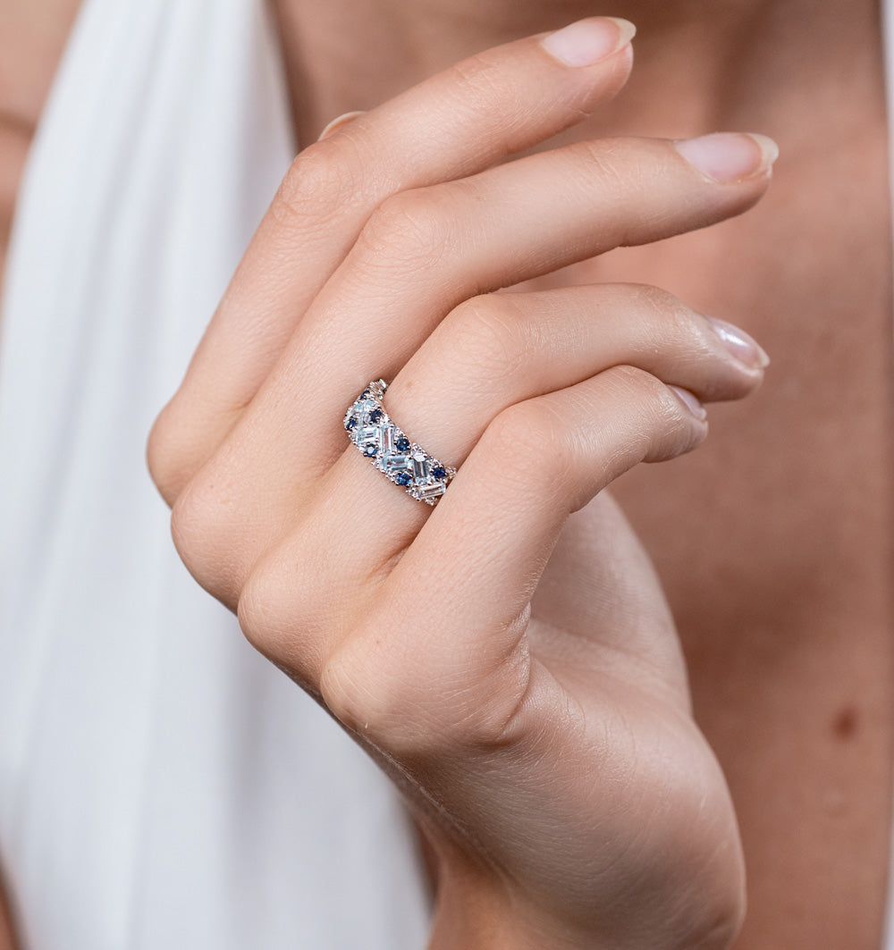 Blue Topaz Sapphire and Diamond Stellato Ring in 9K White Gold