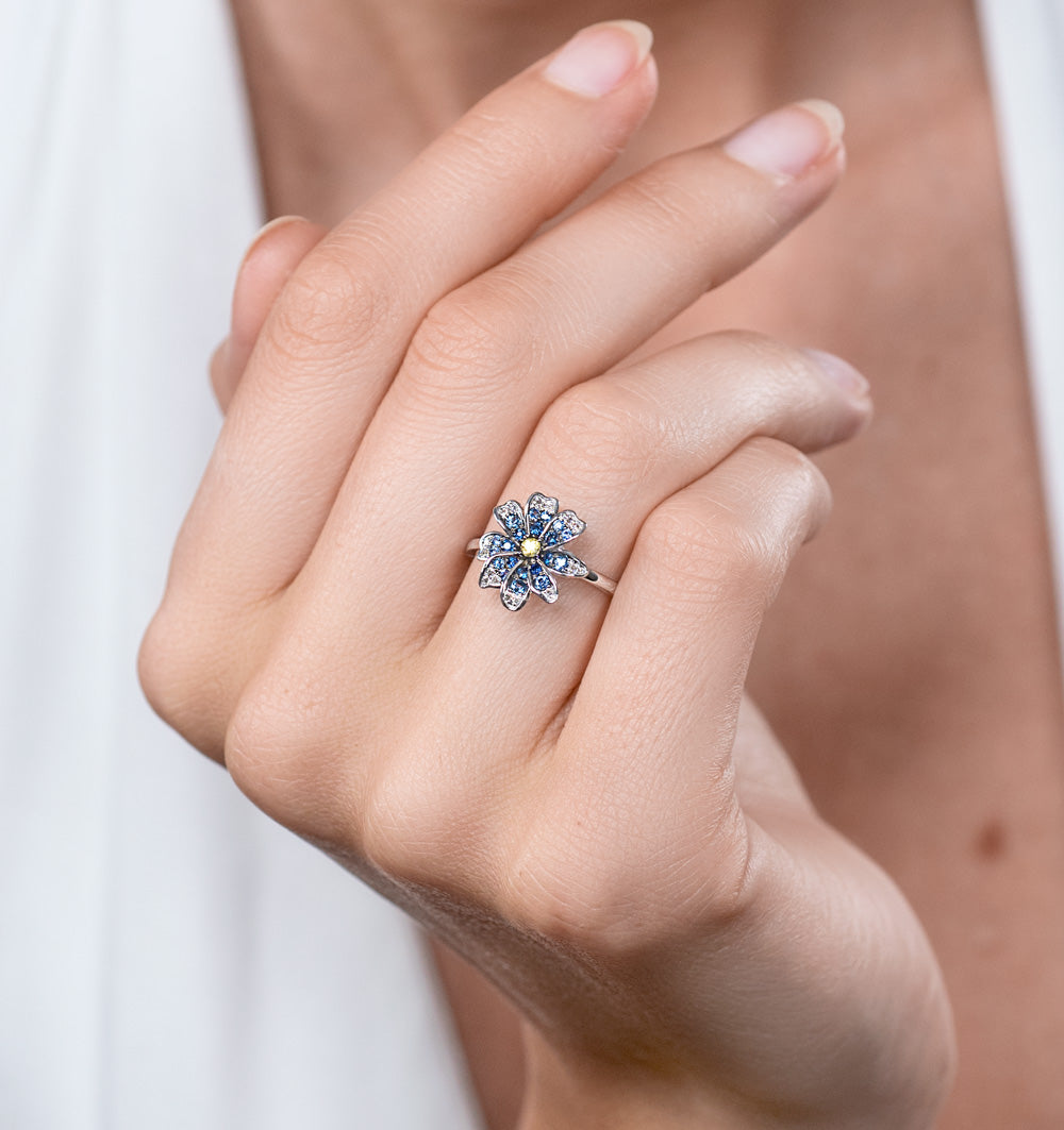 Blue Sapphire Yellow Sapphire and Diamond Stellato Ring 9K White Gold