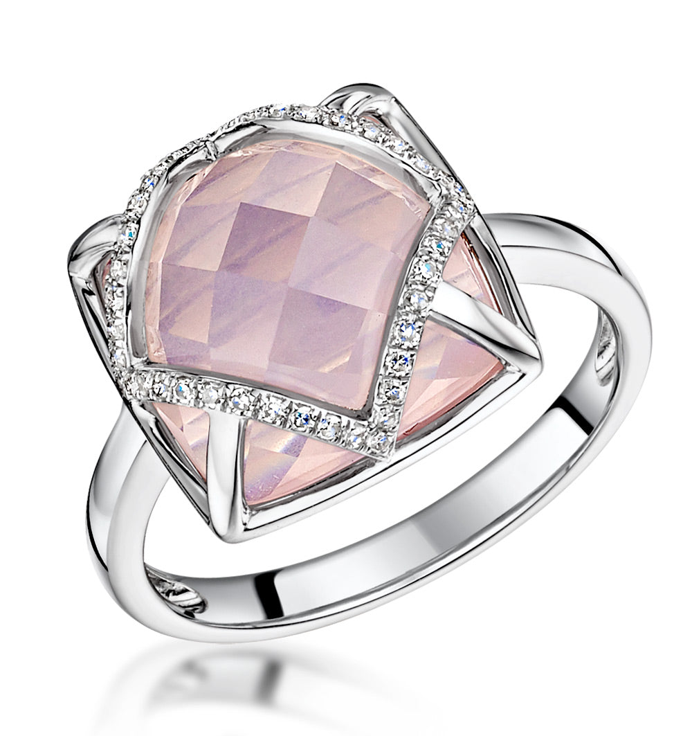 Stellato Collection Rose Quartz and Diamond Ring 9K White Gold SIZES AVAILABLE J K L