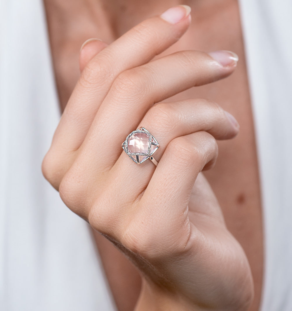 Stellato Collection Rose Quartz and Diamond Ring 9K White Gold SIZES AVAILABLE J K L