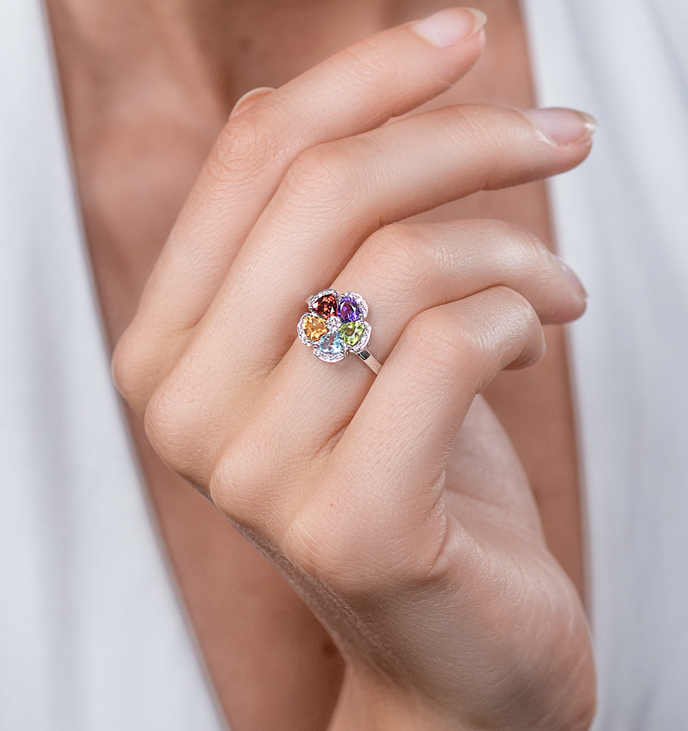 Multi Gem Flower Design Stellato Collection Ring In 9K White Gold