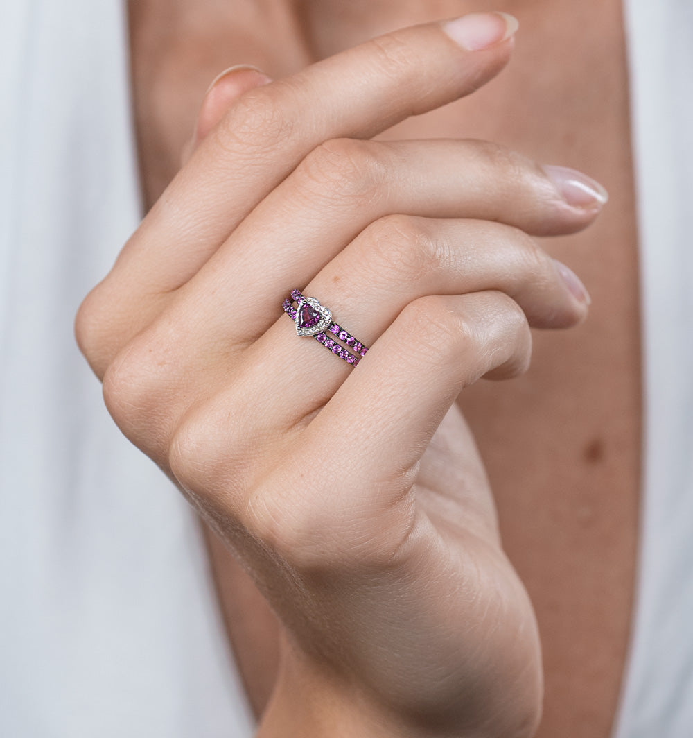 Rhodolite Pink Sapphire and Diamond Stellato Heart Ring 9K White Gold