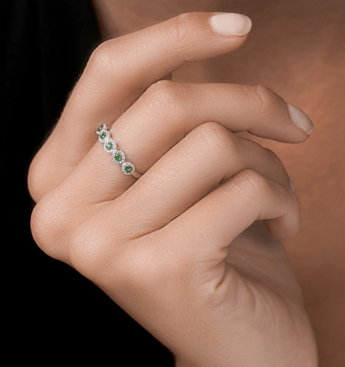 Emerald and Halo Diamond Stellato Eternity Ring in 9K White Gold