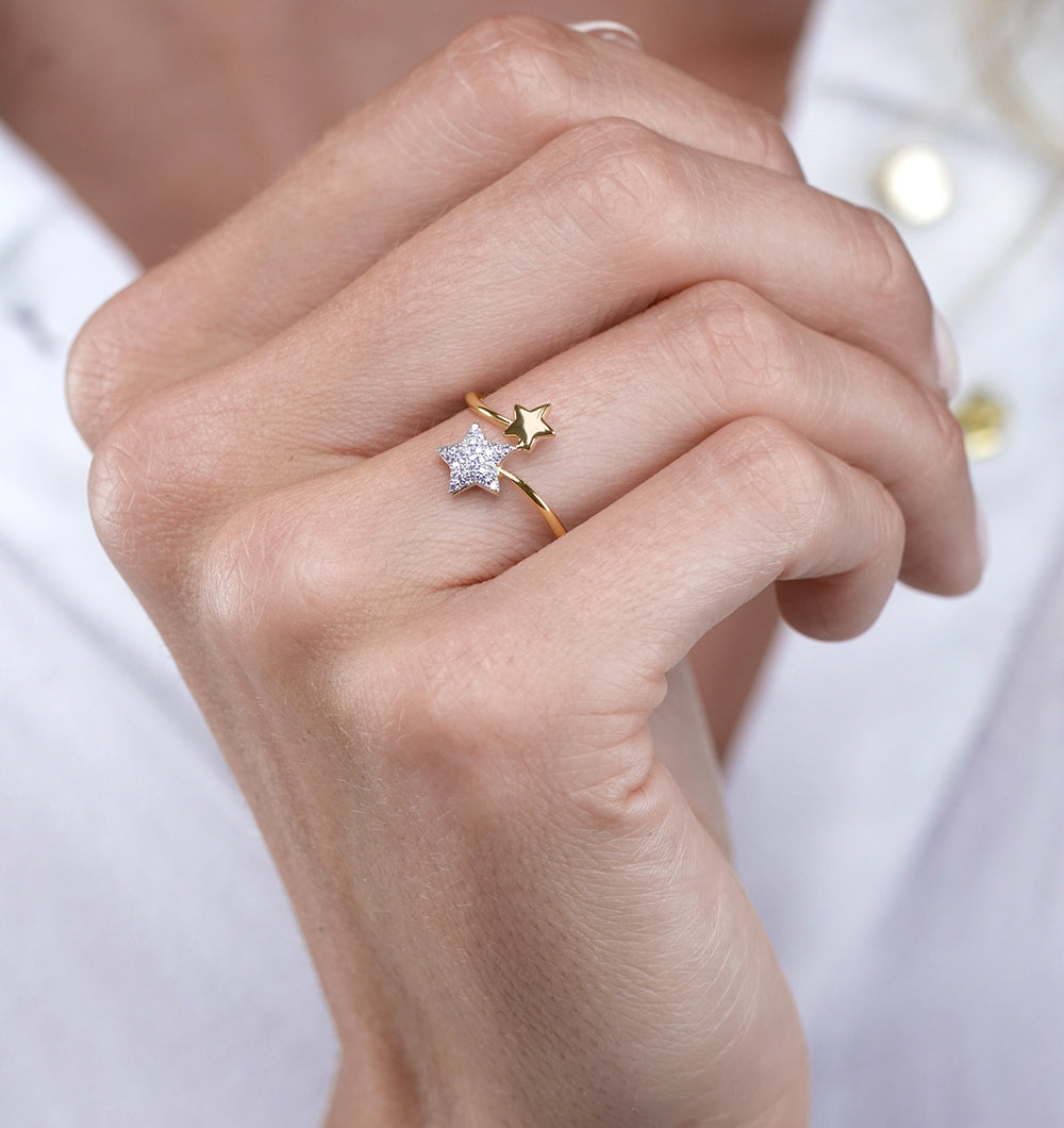 Diamond 2 Stars Ring in 9K Gold From Stellato Collection SIZE L