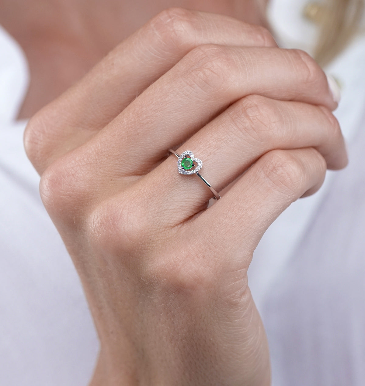 Emerald and Diamond Stellato Heart Ring in 9K White Gold